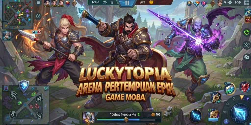 Screenshot LUCKYTOPIA menampilkan karakter dalam aksi pertempuran di arena MOBA.