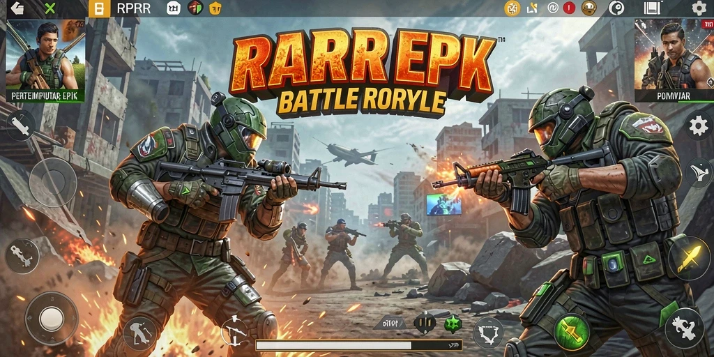 Screenshot RPRR menampilkan aksi pertempuran Battle Royale yang seru.